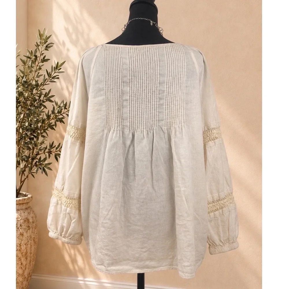 Madewell Linen Blend Crochet Pintuck Blouse Cream Boho Puff Sleeve Top Size S